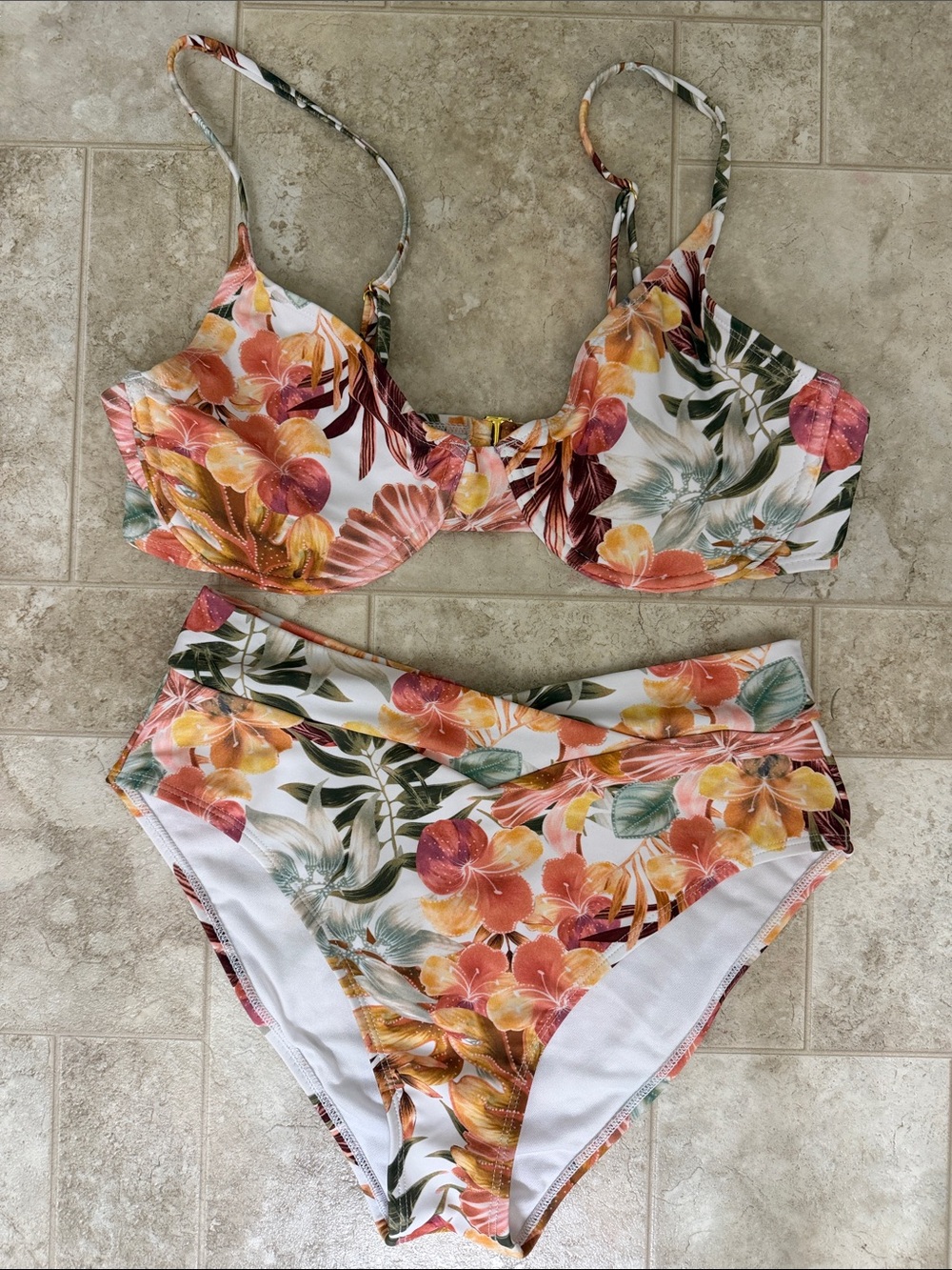 High-Waist Floral Bikini Set in Tropical Orange and Green